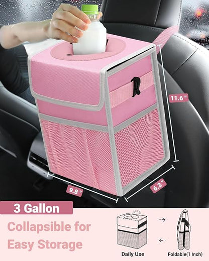 Capolo Car Trash Can with Lid, Leakproof Car Trash Bag Hanging Waterproof Automotive Garbage Can with Storage Pockets Mini Vehicle Trash Bin for Back/Front Seat(Pink,3 Gallon)