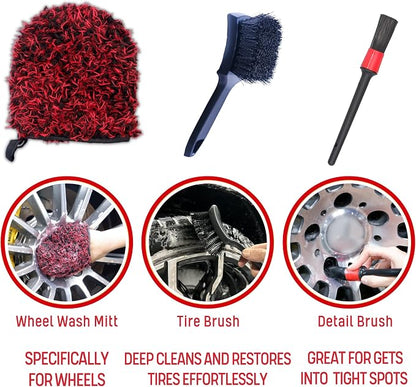 oesee Metal Free Microfiber Wheel Brush Kit- Microfiber Angled Wheel Brush, Long Handle Wheel Brush, Tire& Detailing Brush, Wheel Wash Mitt. Hands-On Wheel Detailing Kit for Daily Wheel Cleaning