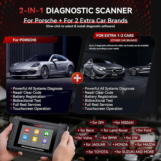 iCarsoft POR V4.0 Bidirectional Diagnostic Tool for Porsche + 2 Extra Car Brands, OBD2 Scanner with 1333 Test Items/ 29 Services (177 Subservices)/ 66 Extra Services/Battery Registration-Free Update