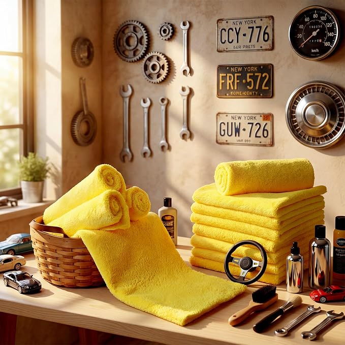 Shimeyao 30 Pcs Edgeless Microfiber Plush Towels for Cars Detailing Drying Wash Polishing Absorbent Cleaning Cloths, 500 GSM (16 x 16 Inch,Yellow)