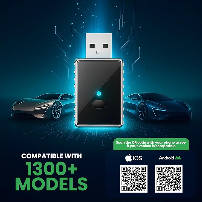 Wireless Apple CarPlay for iPhone & Android Auto Adapter for Android | 2-in-1 | Instantly Converts Wired to Wireless | Plug & Play | No Latency | Mini Size | USB Type-A & USB-C Extension