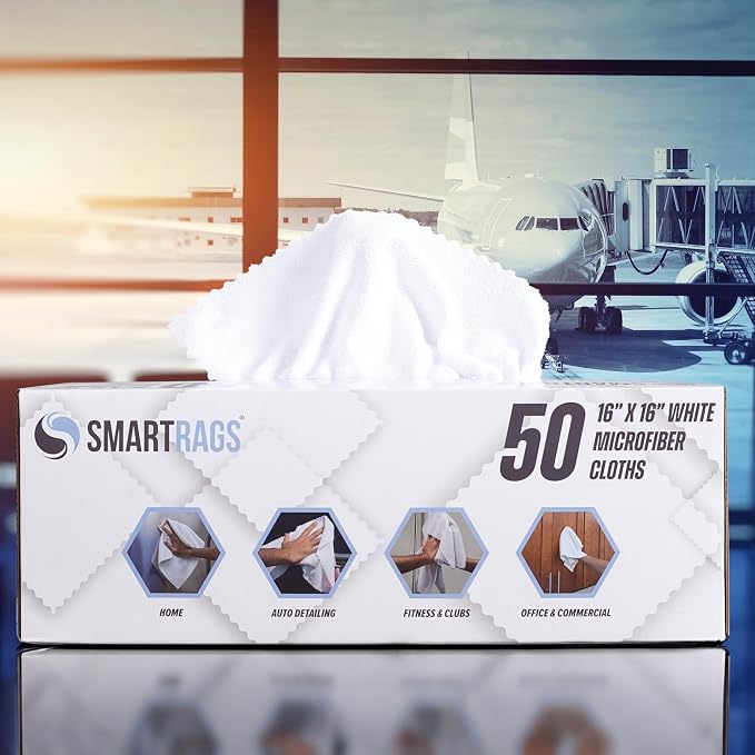 Arkwright Smart Rags Microfiber Cleaning Cloths, Pack of 50 in a Box, Lint Free 215 GSM Reusable Towels for Auto, Office and Household Cleaning, 16 x 16 in, White
