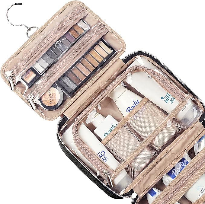 NISHEL Travel Toiletry Bag for women, Portable Hanging Organizer for Travel-Sized Shampoo, Conditioner, Brushes Set, makeup Accessories, Medium Size, Black