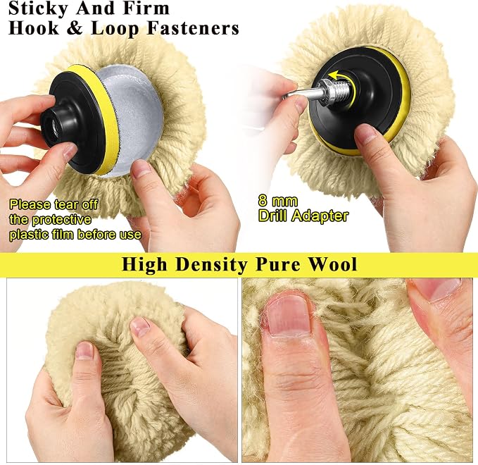 Tallew 6 Pcs 3 Inch Wool Buffing Polishing Pads Hook Loop Cutting Pads with Backing Plate for Car, Boat, Wood, Marble Surface Polishing & Scratch Removal (Original Color)