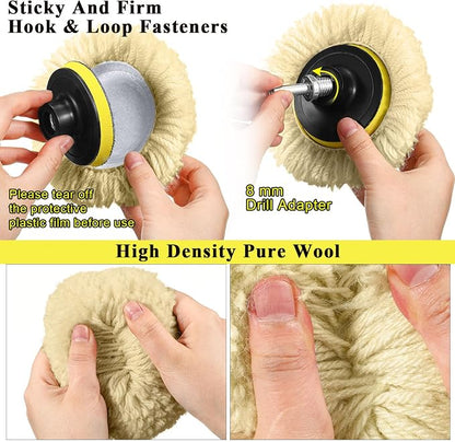 Tallew 6 Pcs 3 Inch Wool Buffing Polishing Pads Hook Loop Cutting Pads with Backing Plate for Car, Boat, Wood, Marble Surface Polishing & Scratch Removal (Original Color)