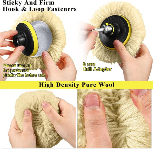 Tallew 6 Pcs 3 Inch Wool Buffing Polishing Pads Hook Loop Cutting Pads with Backing Plate for Car, Boat, Wood, Marble Surface Polishing & Scratch Removal (Original Color)