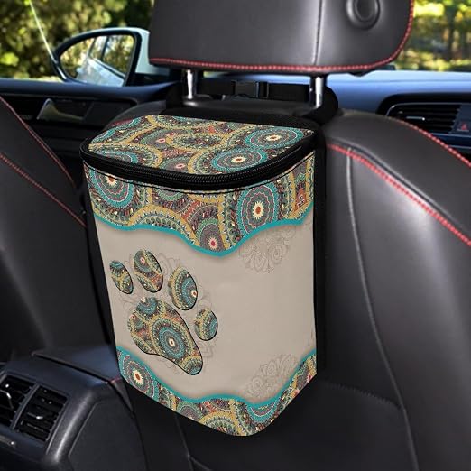 Talayituse Boho Mandala Print Car Trash Can, Dog Paw Design Portable Auto Garbage Bin Multifunctional Vehicle Interior Accessories with Adjustable Straps Universal Fit Truck SUV Sedan