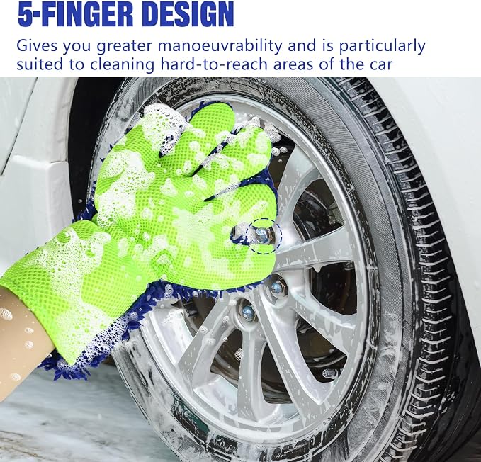 2PCS Car Wash Mitt, 5 Finger Chenille Microfiber Cleaning Mitt for Cars, Scratch-Free Auto Washing Gloves, Car Interior Exterior Cleaning Gloves, Great for Hard-to-Reach Areas (Blue)