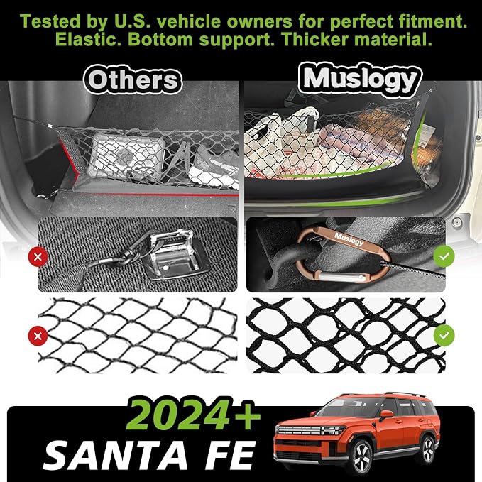 Muslogy Envelope Style Trunk Cargo Net Compatible with 2024 2025 2026 Hyundai Santa Fe Accessories Custom Fit Trunk Organizer Upgraded Storage Luggage Net with Metal Hooks