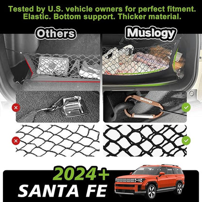Muslogy Envelope Style Trunk Cargo Net Compatible with 2024 2025 2026 Hyundai Santa Fe Accessories Custom Fit Trunk Organizer Upgraded Storage Luggage Net with Metal Hooks