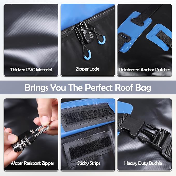 MD MADOATS Rooftop Cargo Carrier, 22 Cubic Ft Car Roof Cargo Carrier for All Vehicles, 840D Waterproof Car Top Carrier with Anti-Slip Mat, 6 Hooks, Storage Bag,Zipper Lock for Tripping & Moving - Blue