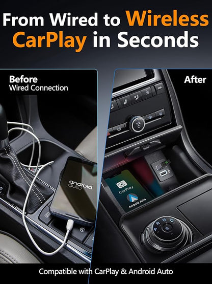 2-in-1 Mini Wireless CarPlay Adapter for Apple CarPlay & Android Auto,Upgrade Wired to Wireless, Fast Auto-Connect, Plug & Play (iOS 10+, Android 10+, 2016+ Cars)