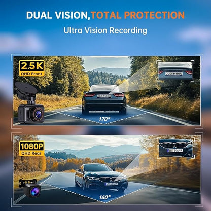 E-YEEGER Dash Cam Front and Rear, 2.5K Dual Dash Camera for Cars, 2560P Mini Car Camera, 2 inch IPS Screen, WDR Night Vision, 24 Hours Parking Monitor, G-Sensor, Support 256 GB Max