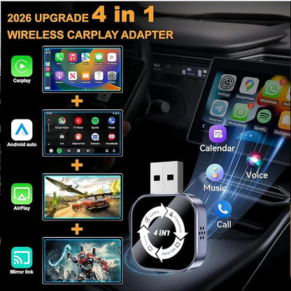 2026 Upgraded Wireless Carplay Adapter,4 in 1 Screen Mirroring Support Mirror Link/AirPlay for iPhone CarPlay & Android Auto,Mini USB/Type-C Plug & Play Car Play Adapter, Wired to Wireless No Latency