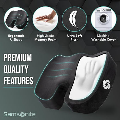 Samsonite Memory Foam Seat Cushion – Ergonomic Cushion for Office Chair, Tailbone Pressure Pad, Coccyx Support for Sciatica, Supportive Seat for Car, Desk, and Gaming Chairs, Black