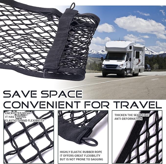 JINGKE 2 Pcs Small Cargo Net Pocket Elastic Mesh Netting Car Mesh Pouch with Screws and Hooks for Trunk RV Boats Home Cargo Storage (25.6'' x 9.8'')