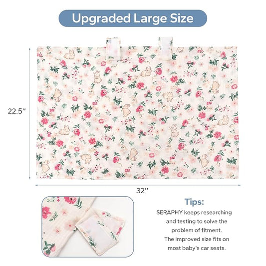 SERAPHY 100% Muslin Cotton Car Seat Covers for Babies, Universal Baby Car Seat Cover, Breathable Muslin Carseat Cover Canopies for Boys and Girls, Soft Infant Car Seat Cover for Summer — Rabbits