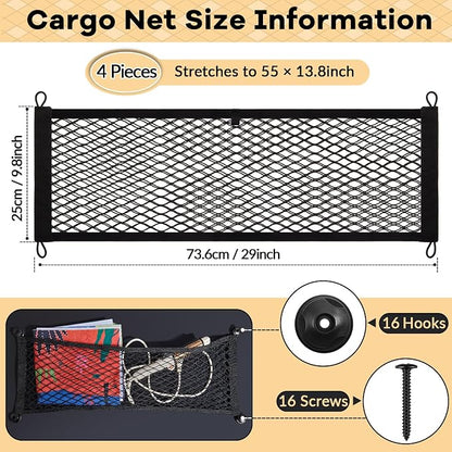 Frienda 4 Pcs Stretchable Small Cargo Net Pocket Boat Storage Mesh Net Elastic Automotive Storage Pouch with Mounting Screws and Hooks for Truck Car SUV Boats (29 x 9.8 Inches)