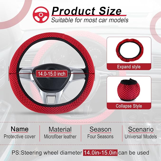 Alpmosn Elastic Stretch Steering Wheel Cover, Universal Interior Accessories Steering Wheel Cover for Women & Men, Breathable Microfiber Ice Silk, Anti-Slip, Odorless, Easy Carry(Red)