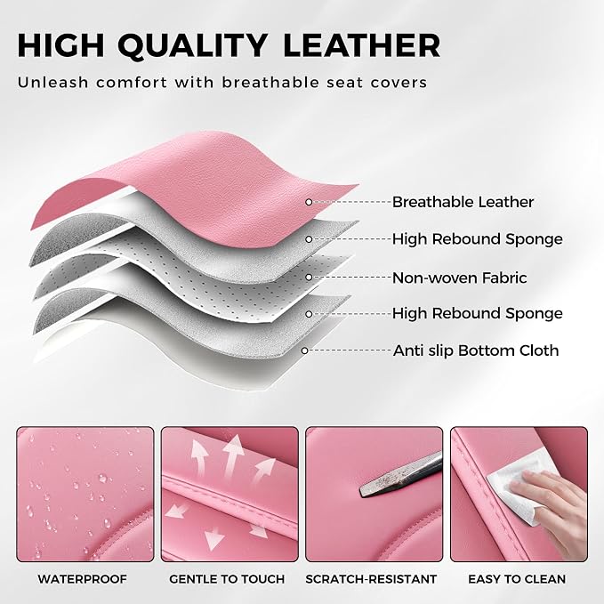otoez Car Seat Covers Full Set, 5 Seats Waterproof Universal Leather Seat Cover for Cars, Front Rear Automotive Interior Protectors Full Coverage for Most Cars Sedens Trucks SUVs, Pink