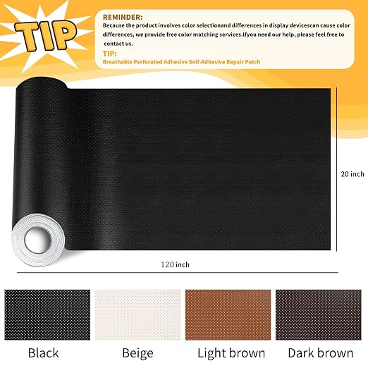Leather Repair Tape for Furniture,Self-Adhesive Leather Repair Patch - 20x120 Inch Extra Large Perforated Vinyl & Faux Leather Kit for Car Seats, Furniture, Office Chairs, (Black, 20x120inch)