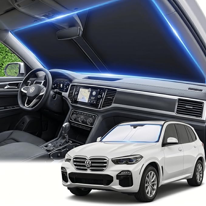Windshield Sun Shade for VW/Volkswagen Atlas 2018-2024 2025 2026 Front Window Shade Custom Fit Atlas Accessories Sun Visor Foldable Shade Blocks UV Rays Summer Must Have Car Accessories