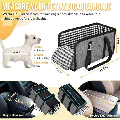 SlowTon Console Dog Car Seat - Portable Dogs Armrest Booster Seat for Small Dog, Anti-Collapse Pet Car Seat with Soft Cushion Safety Belt, Support Pet Up to 11lbs (Grey)