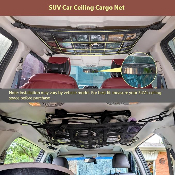 Upgrade Car Ceiling Cargo Net Pocket,31.5"x21.6" Double-Layer Roof Storage Organizer,Overhead Net for SUV & Van Camping,Travel Road Trips,Van Life Essentials,Fit 4 Handle Vehicles
