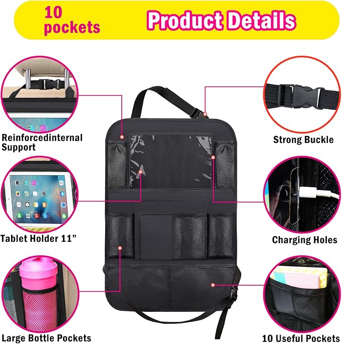 XBRN 2 Pack Car Backseat Organizer, Car Seat Organizer Kick Mats Back Seat Protector with 11" Tablet Holder, Car Storage Organizer for Kids,10 Storage Pockets Travel Accessories
