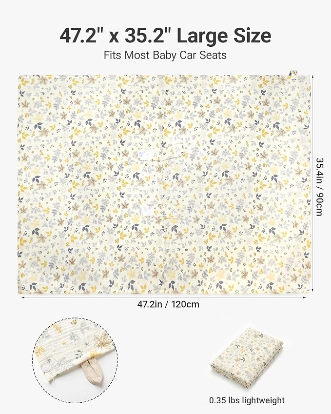 Metplus 100% Muslin Car Seat Cover Baby & Nursing Cover, Soft Breathable Infant Carseat Canopy for Summer, Stroller & Carrier Sunshade for Boys Girls (Leaves)