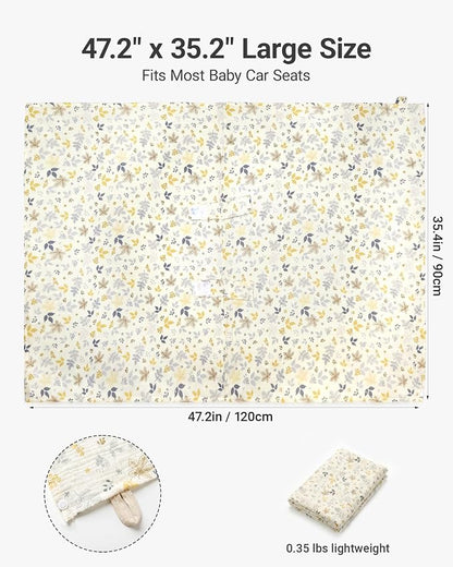 Metplus 100% Muslin Car Seat Cover Baby & Nursing Cover, Soft Breathable Infant Carseat Canopy for Summer, Stroller & Carrier Sunshade for Boys Girls (Leaves)