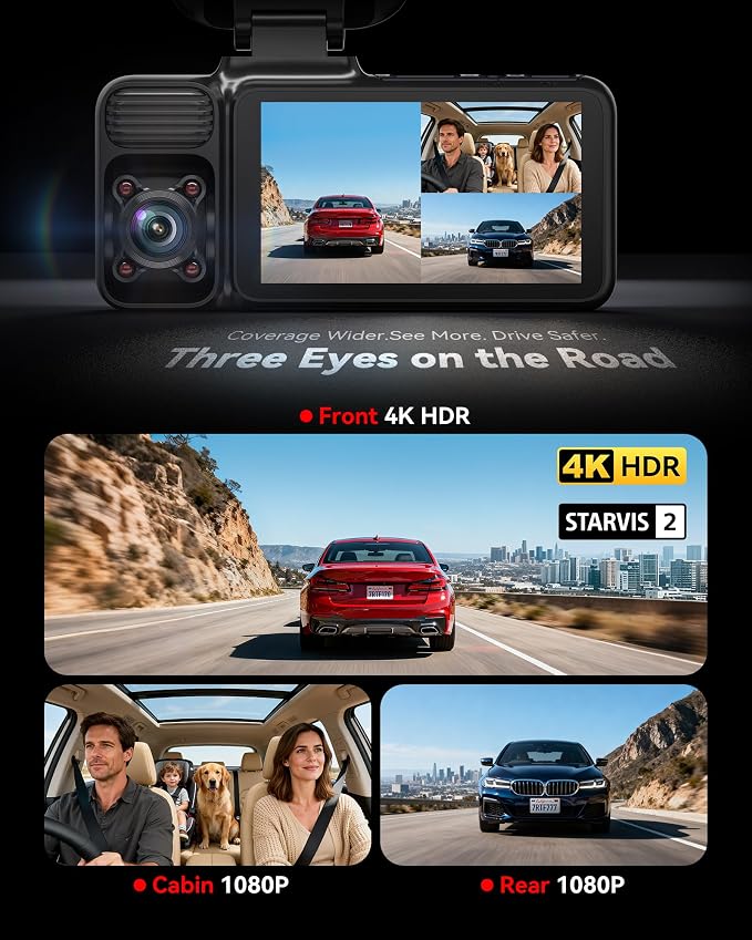 REDTIGER F17 4K 3 Channel Dash Cam, STARVIS 2 IMX675 HDR, 2160P+1080P+1080P Front Inside and Rear Triple Car Camera with 64GB Card, 5.8GHz WiFi GPS, IR Night Vision, G Sensor, WDR, Parking Mode