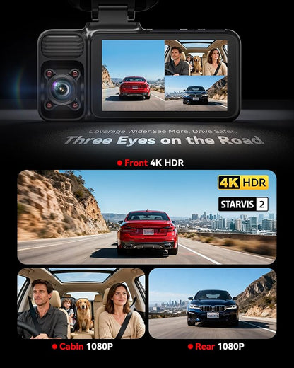 REDTIGER F17 4K 3 Channel Dash Cam, STARVIS 2 IMX675 HDR, 2160P+1080P+1080P Front Inside and Rear Triple Car Camera with 64GB Card, 5.8GHz WiFi GPS, IR Night Vision, G Sensor, WDR, Parking Mode