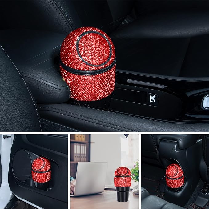 eing Car Trash Can Bling Crystal Auto Mini Trash Bin for Car Office Home Women,Car Cup Holder Garbage Can with Lid and 5 Pack Disposable Garbage Gag, Red