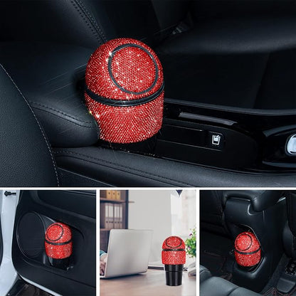 eing Car Trash Can Bling Crystal Auto Mini Trash Bin for Car Office Home Women,Car Cup Holder Garbage Can with Lid and 5 Pack Disposable Garbage Gag, Red