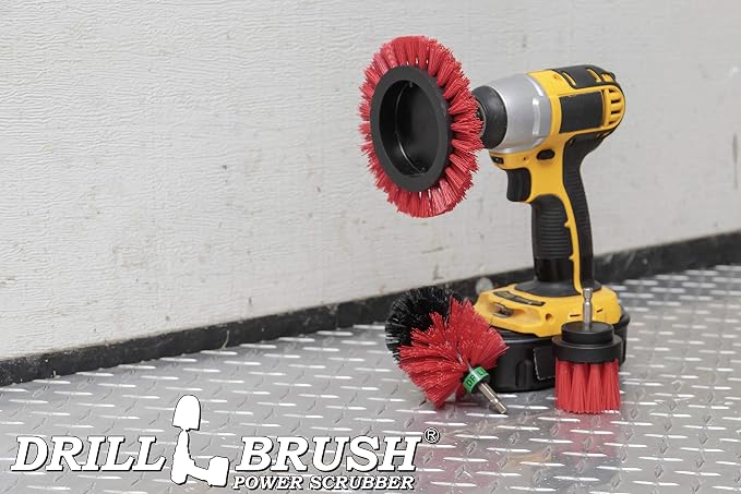 Red Stiff 3 Piece Outdoor Power Scrubber Brush Kit - Garden Patio Scrubbing Tool - Deck Cleaning Brush Set - Concrete Scrubbing Tool Set - Brick and Stone Outdoor Scrubber Kit