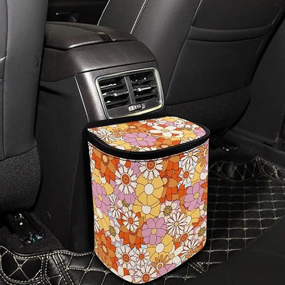 Vintage Hippie Floral Print Car Trash Can with Lid Car Accessories for Men Women Trash Bin Hanging Back of Seat Collapsible Leak Proof Multipurpose Vehicle Garbage Can