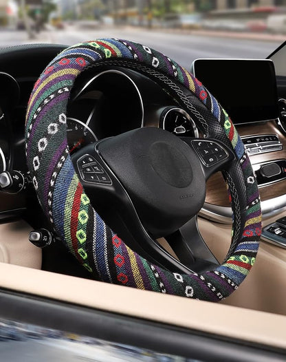 SEG Direct Boho Steering Wheel Cover with Baja Blanket Cloth, Ethnic Style Auto Wheel Cover Made of Coarse Flax, Fits 14 1/2-15 1/4 inches Car Wheel