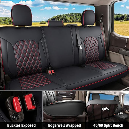 Huidasource Tacoma Back Row Seat Covers, Split Rear Bench Leather Seat Cover Fit for 3rd Gen Toyota Tacoma 2016-2023 Double & Crew Cab SR SR5 Limited TRD Sport/Pro/Off Road (Back Row/Black&Red)