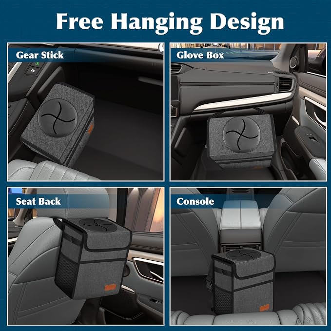 Leak Proof Car Trash Bag Waterproof Garbage Can with Lid for SUV Front Seat Multipurpose Car Hanging for Headrest Collapsible and Portable with Storage Mesh Pocket, Charcoal Gray