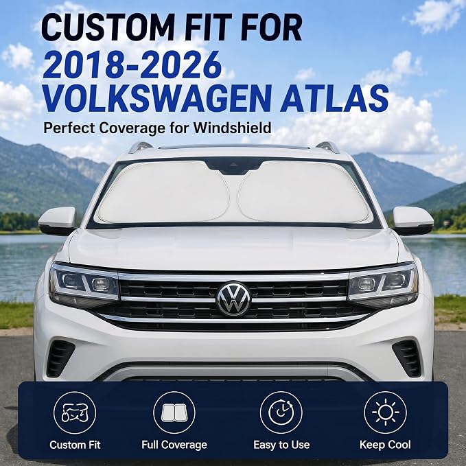Custom Fit Windshield Sun Shade for Volkswagen VW Atlas 2018-2026 | Custom Fit Windshield Cover, Blocks UV Rays, Double-Layer Heat Shield, Durable Frame, Easy Fold & Storage