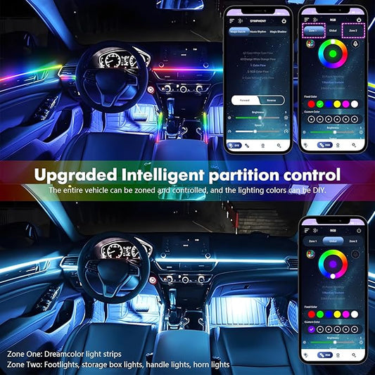 Dreamcolor Acrylic Car Interior Lights 10 in 1 RGB LED Strip Lights APP Control Zoned Control System 252 Color Modes DIY Fiber Optic Ambient Lighting Kits Music Car Neon Light Kits New Version