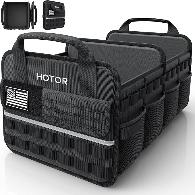 HOTOR Tactical Car Trunk Organizer - Foldable Trunk Organizer for SUV with Front MOLLE Pocket & Reflective Strips, Essential Car Accessories for Tools & Outdoor Storage, 12.8" x 21.7" x 11.0", Black