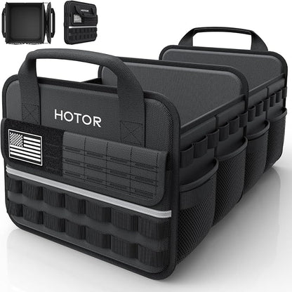 HOTOR Tactical Car Trunk Organizer - Foldable Trunk Organizer for SUV with Front MOLLE Pocket & Reflective Strips, Essential Car Accessories for Tools & Outdoor Storage, 12.8" x 21.7" x 11.0", Black
