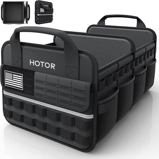 HOTOR Tactical Car Trunk Organizer - Foldable Trunk Organizer for SUV with Front MOLLE Pocket & Reflective Strips, Essential Car Accessories for Tools & Outdoor Storage, 12.8" x 21.7" x 11.0", Black