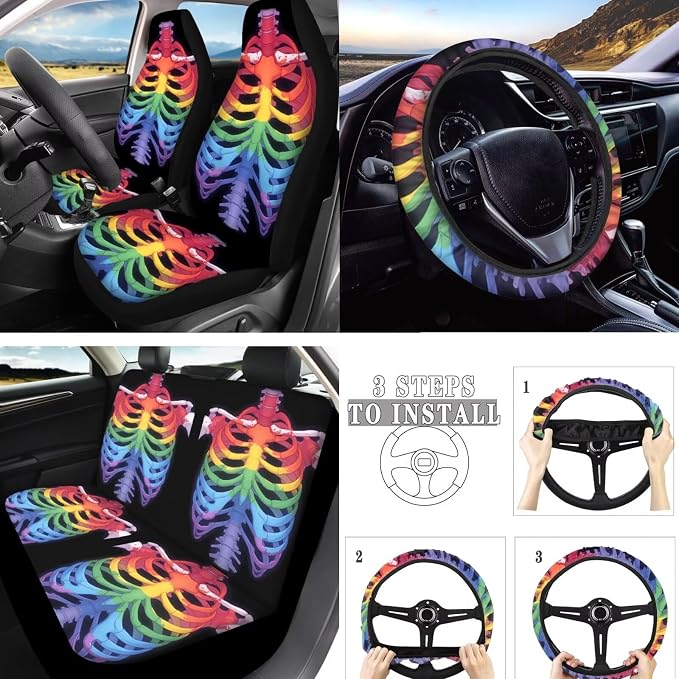 Skeleton Car Seat Covers Full Set, Rainbow Rib Cage Bucket Front Rear Seat Cover for SUV Sedan, LGBTQ Colorful Skeleton Halloween Seatbelt Pads Cup Mat Car Interior Protector