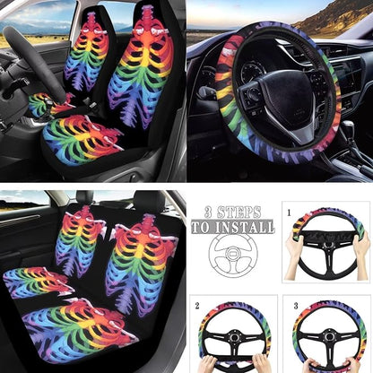 Skeleton Car Seat Covers Full Set, Rainbow Rib Cage Bucket Front Rear Seat Cover for SUV Sedan, LGBTQ Colorful Skeleton Halloween Seatbelt Pads Cup Mat Car Interior Protector