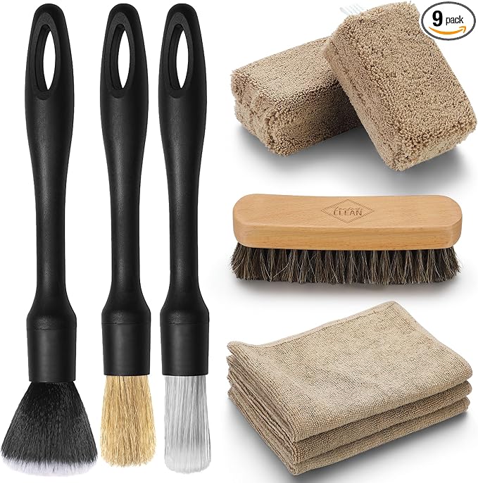 Fantasticlean 9PCS Car Interior Detailing Set, Microfiber Cloth & Applicator, Single-Head Detailing Brushes, Natural Bristles, Scratch-Free & Ultra-Soft for Seats Leather Care or Cleaning