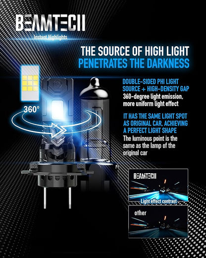 BEAMTECH H7 Light Bulb, No Adapter Need High Speed Fan 6500K Xenon White H7 Bulbs or Fog Lights Pack of 2