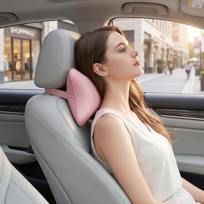 Car Pillow for Car Neck Pillow for Driving Seat Leather Neck Support Soft Cushion Support Head-Rests for Vehicle Sleeping with Elastic Adjustment Strap 2PCS (Neck, Light Pink)